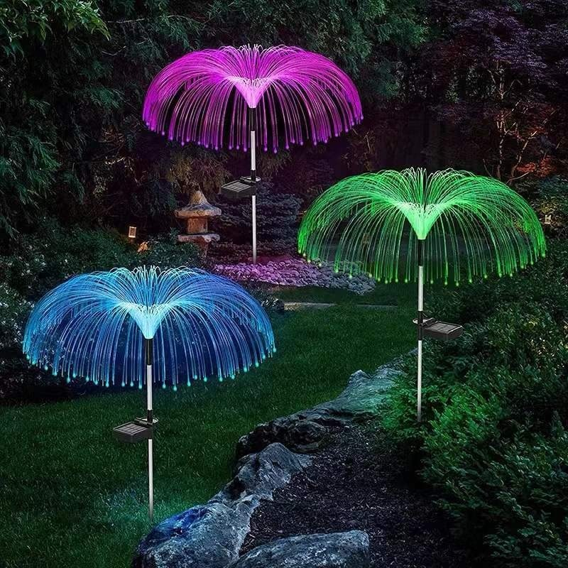 Outdoor Waterproof Garden Patio Pathway Lawn Christmas Decor 7 Color Changing Rgb Solar Jellyfish Flower Optical Fiber Lights