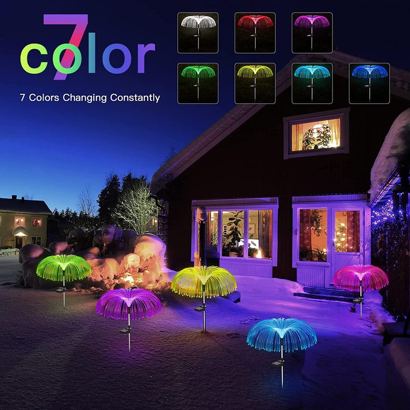 Outdoor Waterproof Garden Patio Pathway Lawn Christmas Decor 7 Color Changing Rgb Solar Jellyfish Flower Optical Fiber Lights