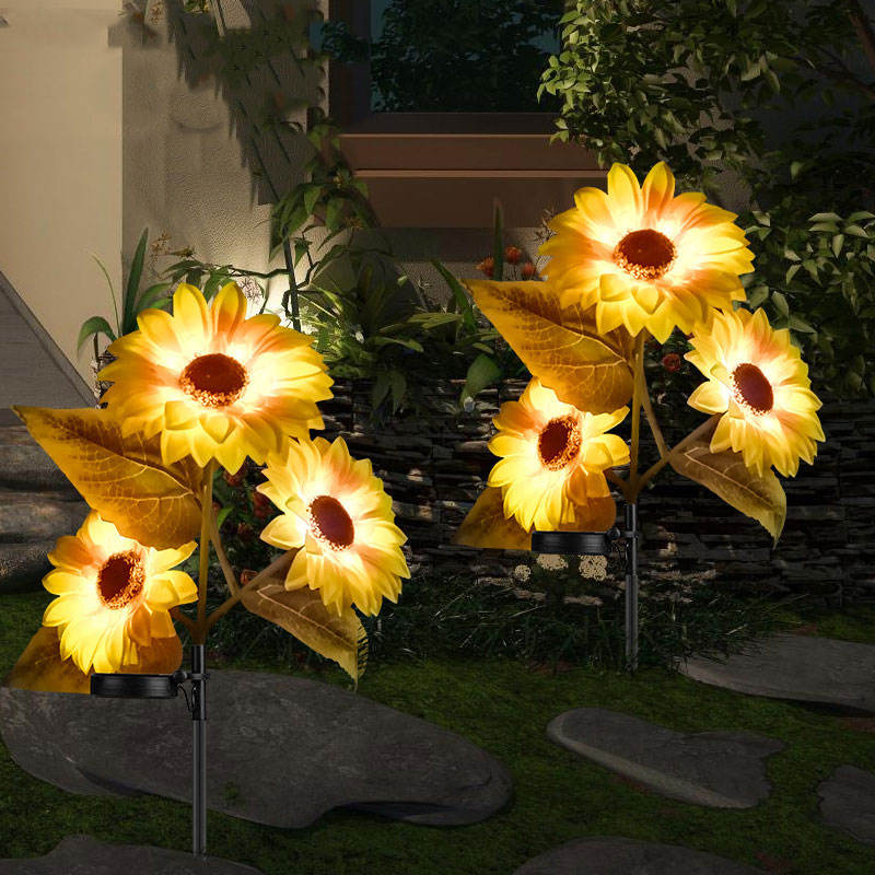Outdoor Waterproof Led Solar Powered 3 Heads Sunflower Lawn Lights For Patio Garden Yard Pathway Decoration Lamp