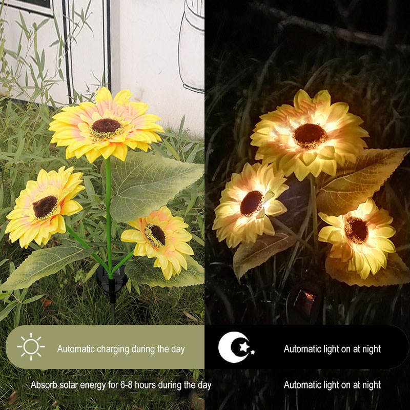 Outdoor Waterproof Led Solar Powered 3 Heads Sunflower Lawn Lights For Patio Garden Yard Pathway Decoration Lamp