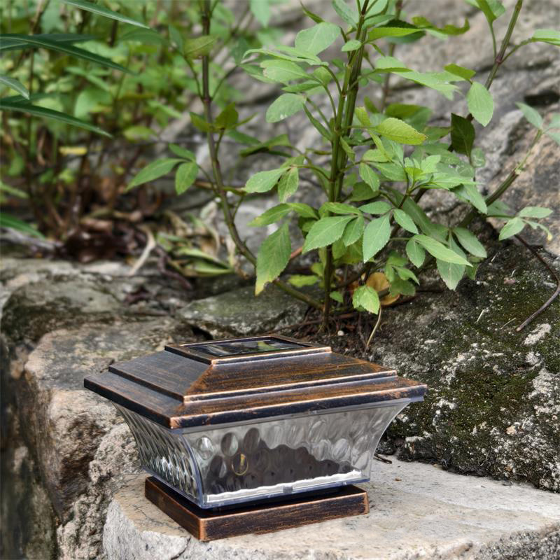 Outdoor Waterproof Solar Square Column Light Dual-Color Temperature Vintage Bronze Pillar Lamp for Garden Walls