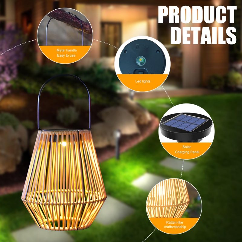 Solar Rattan Bamboo Lanterns Outdoor Waterproof Solar Garden Lights for Yard Patio Porch Hanging Woven Lantern Decoration Lamp