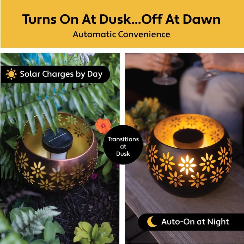 Stunning Solar Lantern Design - Enjoy the warm, imitation fire glow of this solar lantern, perfect for enhancing your backyard, landscape, patios, decks, and even indoor spaces. All season use. Extended Use High Power Solar Rechargeable Battery - With a 600 mAh 3.7V li-ion battery, this solar lantern provides over 8 hours of bright, consistent light, ensuring your outdoor areas shine throughout the night. 8” Metal Decorative Bowl - The Solar Fire Bowl features a stylish metal design, adding a touch of sophistication to your outdoor garden decor while serving as a functional solar table lamp, lantern and garden decor. Durable Waterproof Solar Lamp - Crafted with fully waterproof and weatherproof ABS housing, this solar lantern is built to withstand the elements, making it an ideal choice for patio and garden decorations outdoors. Heavyweight and Long-Lasting - Designed for durability, this solar lantern is heavy-weight and built to last, ensuring it remains a staple in your outdoor lighting for years to come.