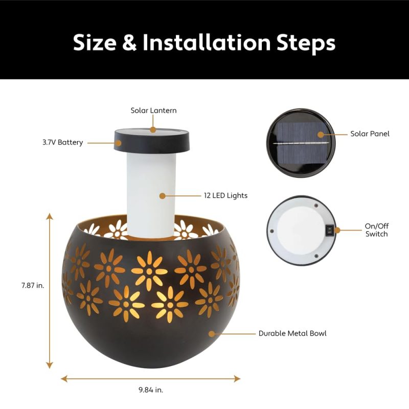 Stunning Solar Lantern Design - Enjoy the warm, imitation fire glow of this solar lantern, perfect for enhancing your backyard, landscape, patios, decks, and even indoor spaces. All season use. Extended Use High Power Solar Rechargeable Battery - With a 600 mAh 3.7V li-ion battery, this solar lantern provides over 8 hours of bright, consistent light, ensuring your outdoor areas shine throughout the night. 8” Metal Decorative Bowl - The Solar Fire Bowl features a stylish metal design, adding a touch of sophistication to your outdoor garden decor while serving as a functional solar table lamp, lantern and garden decor. Durable Waterproof Solar Lamp - Crafted with fully waterproof and weatherproof ABS housing, this solar lantern is built to withstand the elements, making it an ideal choice for patio and garden decorations outdoors. Heavyweight and Long-Lasting - Designed for durability, this solar lantern is heavy-weight and built to last, ensuring it remains a staple in your outdoor lighting for years to come.