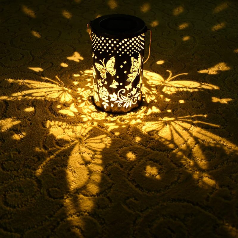 Gorgeous & imaginative Garden Decor - Fusion the retro gold, copper of exteriors and irregular pattern inside, at darkness, the solar lantern casting a bright, warm light with Butterfly pattern, which looks like a Butterfly flying symbolizes change. Long-endurance Solar Power - The outdoor lantern is topped with high-efficiency solar panel; it collects sunlight to charge 6 hours during the day and light up (make sure turn on the switch) at least 8 hours in darkness. Besides, with its waterproof rating of IP65, the solar lantern can work on rainy days as well. Durable & Eco-friendly Material - DIBIEECN hanging large solar lantern is made of latest development, upgraded durable metal, which has thickened and hardened to ensure that it will not deform or be blown away either. No power cord required.