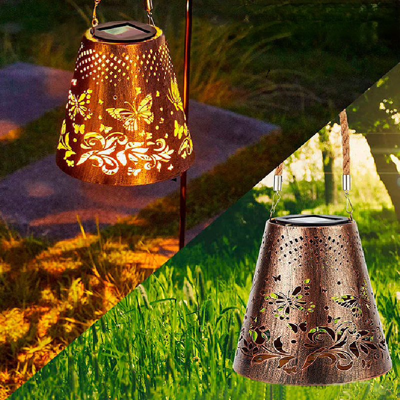 Solar Butterfly Light Outdoor Garden Decoration Waterproof Hollow Design Iron Lantern Garden Light