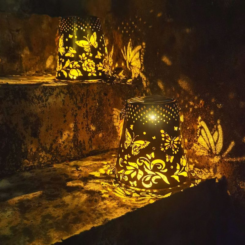 Solar Butterfly Light Outdoor Garden Decoration Waterproof Hollow Design Iron Lantern Garden Light