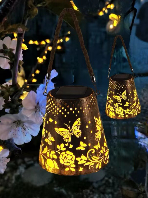 Solar Butterfly Light Outdoor Garden Decoration Waterproof Hollow Design Iron Lantern Garden Light