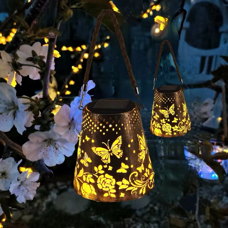 Solar Butterfly Light Outdoor Garden Decoration Waterproof Hollow Design Iron Lantern Garden Light