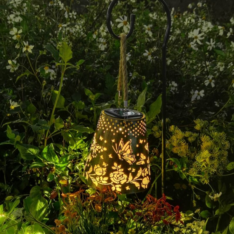 Solar Butterfly Light Outdoor Garden Decoration Waterproof Hollow Design Iron Lantern Garden Light