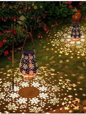 Solar Snowflake Metal Hanging Light Iron Christmas Lantern Outdoor Garden Projector Waterproof Yard Light