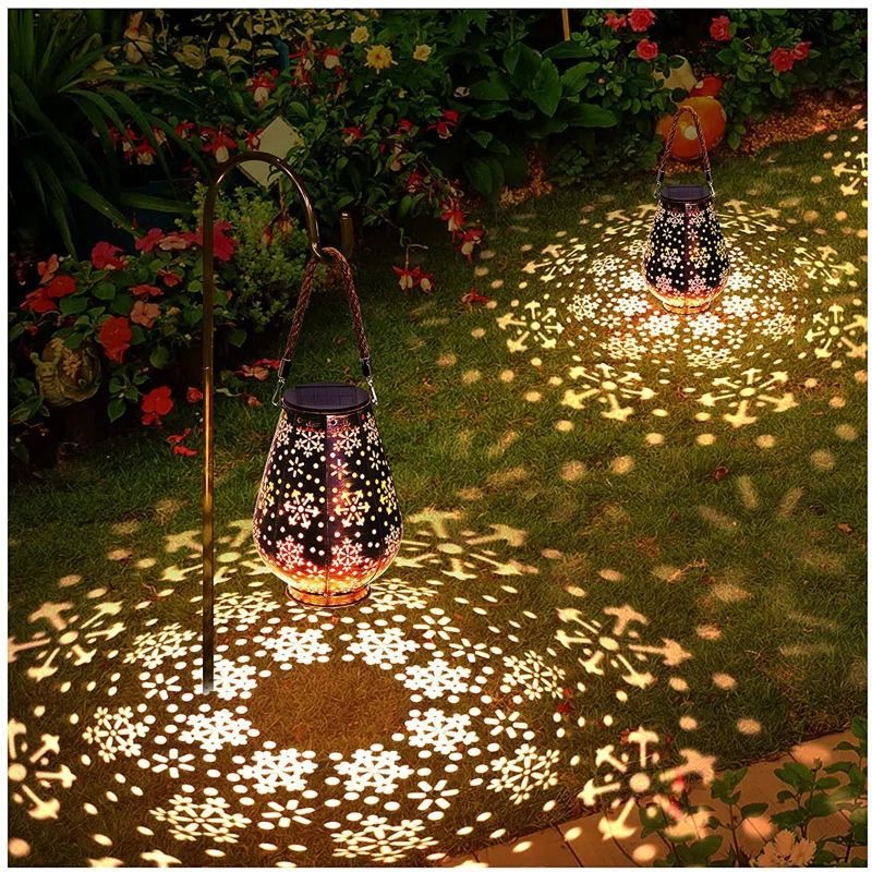 Solar Snowflake Metal Hanging Light Iron Christmas Lantern Outdoor Garden Projector Waterproof Yard Light