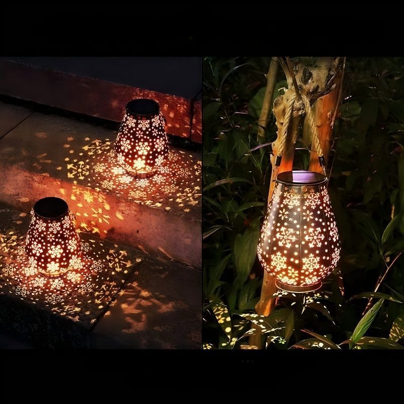 Solar Snowflake Metal Hanging Light Iron Christmas Lantern Outdoor Garden Projector Waterproof Yard Light