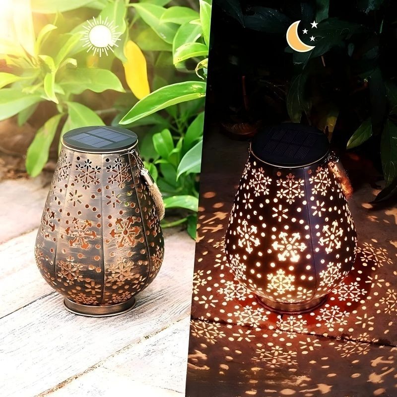 Solar Snowflake Metal Hanging Light Iron Christmas Lantern Outdoor Garden Projector Waterproof Yard Light