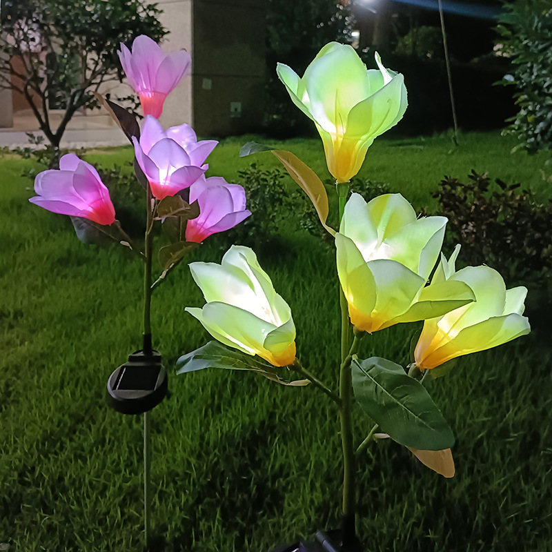 New 4-Head Solar-Powered Magnolia Jasmine Garden Lights Festive LED Decor for Patio Lawn Garden Waterproof Energy-Efficient